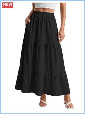 Women's Flowy A-Line Maxi Skirt High Waist Tiered Beach Vacation Long